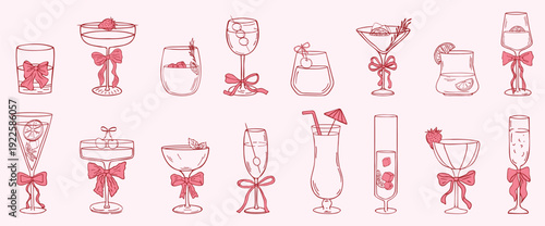 Whimsical Coquette cocktails with bows hand drawn set. Cute aesthetic glasses with ribbon and bow in sketch style. Decoration bachelorette party elements for wedding invitations. Line art vector 