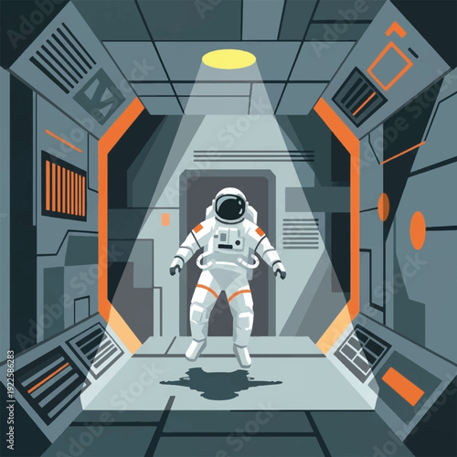 Astronaut in white space suit standing.