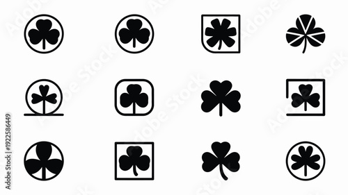 Collection of 12 modern minimal st patrick's day four leaf clover icons in black on white background