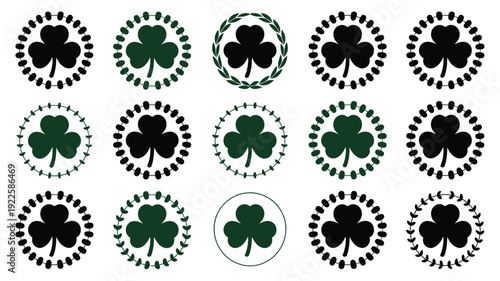 St patrick's day shamrock silhouettes with decorative borders on white background for luck and celebration designs