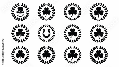 Set of black vector illustrations featuring shamrocks horseshoes and tophats in laurel wreaths on white background for st patrick's day designs luck symbols and irish heritage icons
