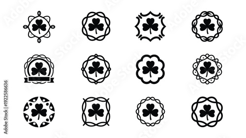 Collection of twelve ornamental black four leaf clover symbols on white background perfect for lucky charm designs