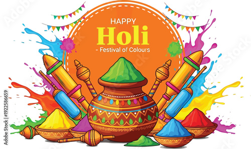 Happy Holi Festival Celebration with Decorative Text, Bright Color Splashes, Traditional Clay Pots of Gulal Powders, and Joyful Cultural Artwork Illustration