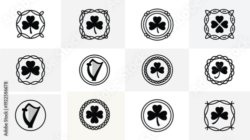 Collection of 12 premium black and white st patrick's day icons featuring shamrocks harps and celtic designs in various circular frames and decorative elements