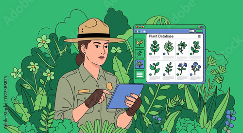 Park Ranger Examining Plants with Digital Tablet.