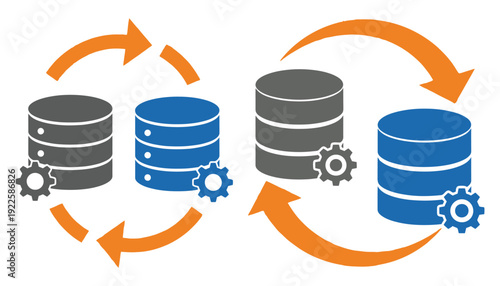 Data replication process visualized with database cylinders and circular arrows
