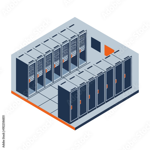 Isometric Data Center Server Room with Multiple Cabinets and Storage.