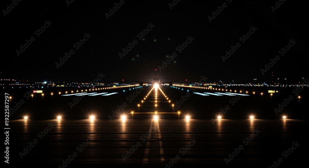 Fototapeta premium Runway illuminated at night, lights guiding a landing