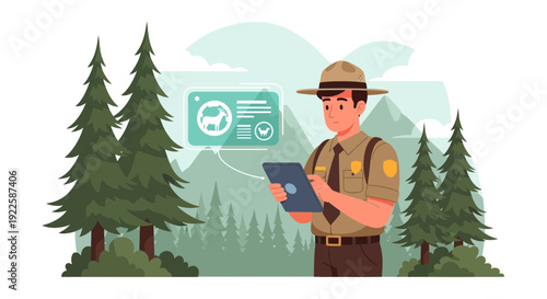 Park Ranger Using Tablet in Forest.
