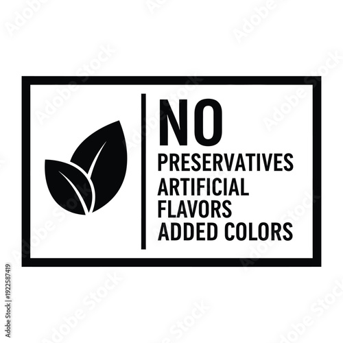 Vector illustration icon black and white sign indicating no preservatives artificial flavors or added colors on a with a leaf icon
