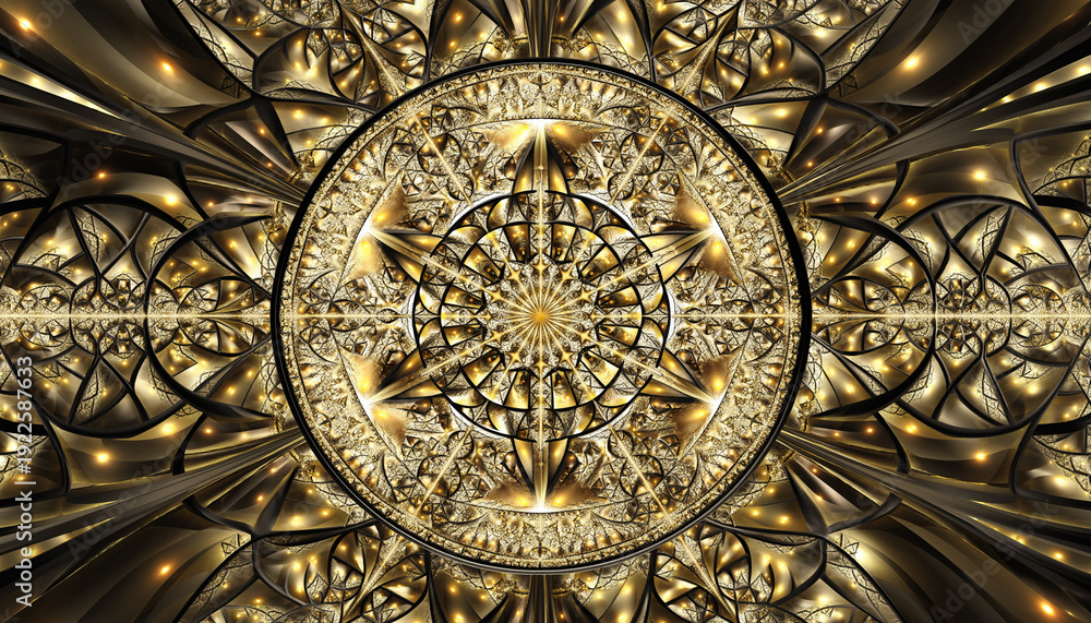 Obraz premium Ornate golden mandala fractal pattern, luxury geometric kaleidoscope background with glowing lights 華やかな黄金の曼荼羅フラクタル模様、輝く光の高級な幾何学万華鏡背景 デジタルイラスト