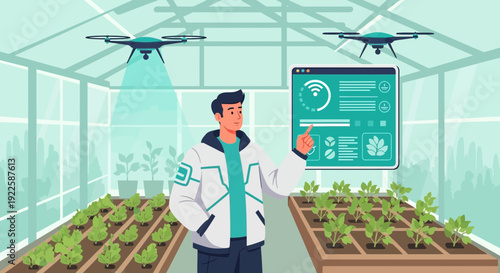 Scientist Examining Plants in Greenhouse with Drones.