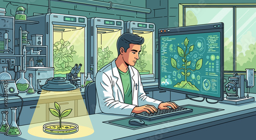 Scientist Working on Computer with Lab Equipment Nearby.