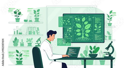 Scientist Working on Laptop with Plants Nearby.