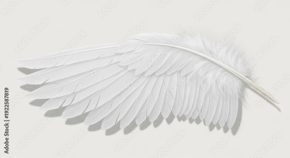 Naklejka premium A pristine white wing, feathers meticulously detailed, cast shadow on a light background