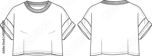cropped tshirt, cad drawing, front and back view, technical outline, fashion template, flat vector illustration, isolated garment mockup design blueprint