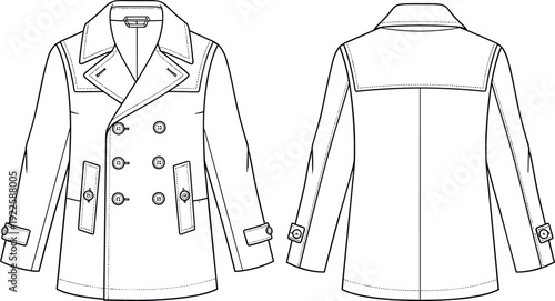 peacoat cad drawing, double breasted coat technical sketch, front and back view apparel template, flat vector illustration isolated fashion outline