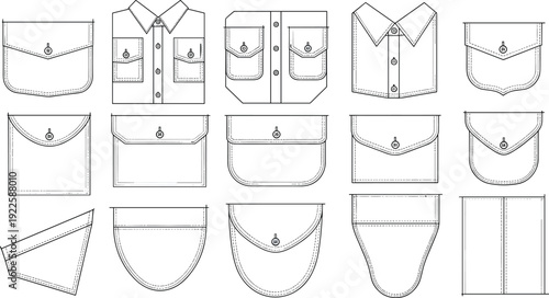 pocket flap cad drawing set, fashion technical template collection, garment pocket variations outline, flat vector illustration isolated apparel design kit