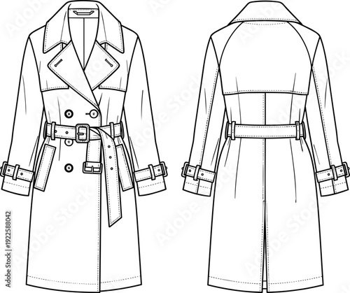trench coat cad drawing, double breasted fashion technical sketch, front and back view apparel template, flat vector illustration isolated outline