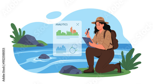 Woman Kneeling with Tablet and Stylus Near Water.