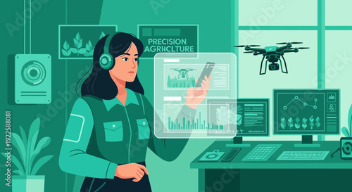 Woman Operating Drone Control System Interface.