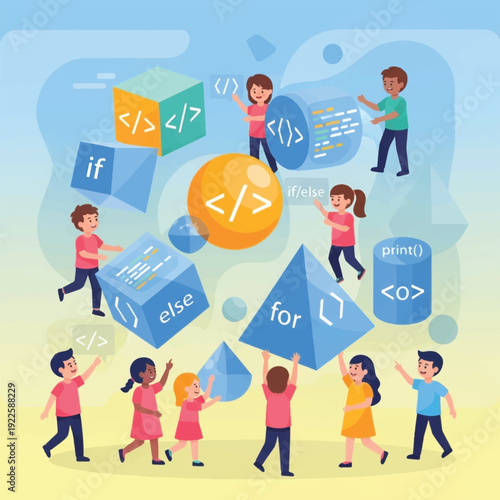 Children Learning Programming Coding Concepts.