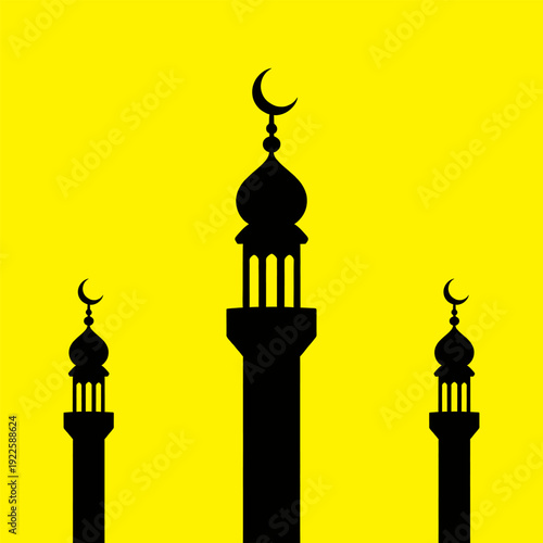 Mosque Silhouette: Simple yet captivating silhouette of mosque minarets, set against a vibrant yellow backdrop, symbolizes peace.