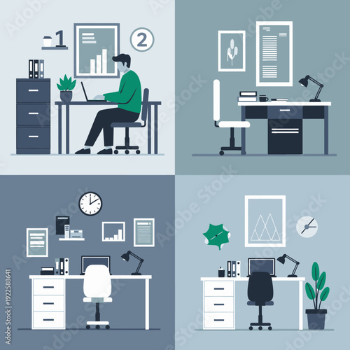 Four distinct office scenes showcasing modern workspaces and professional environments.
