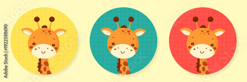 Cute giraffe head sticker set in round frames with grid patterns vector illustration.