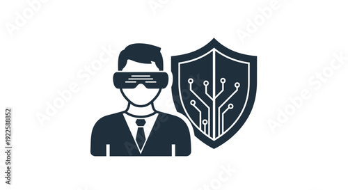 Man wearing virtual reality goggles with a shield symbolizing protection and security.