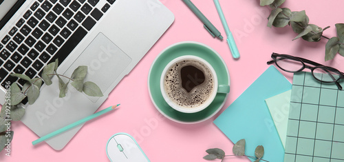 Cup of coffee with laptop, ...