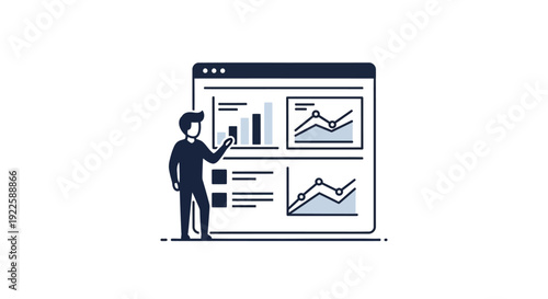 Man analyzing data on a large computer screen with various charts and graphs.