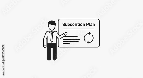Man presenting subscription plan with diagram and text.