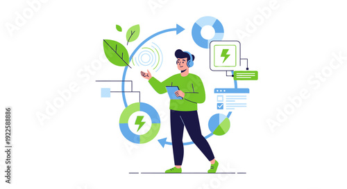 Man surrounded by eco-friendly energy symbols and icons.