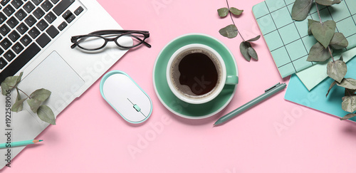 Cup of coffee with laptop, ...