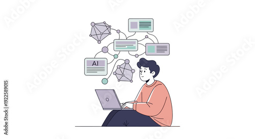 Man working on laptop with digital icons and documents floating around him.