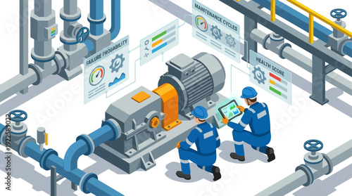Isometric Industrial Predictive Maintenance with Engineers Monitoring Machine Health and Failure Probability on Digital Tablet in Smart Factory Facility