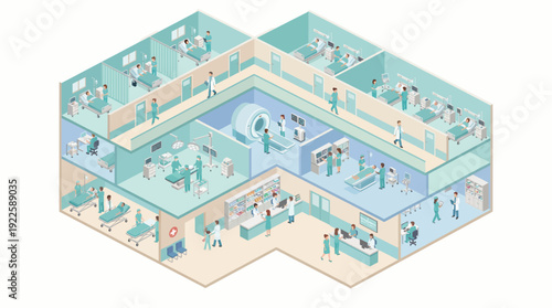 Isometric Hospital Interior with Doctors and Patients in Surgery, MRI, and Wards. Modern Medical Center Infrastructure for Healthcare Management and Professional Clinical Services.