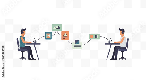 Two men working on laptops with data transfer between them.