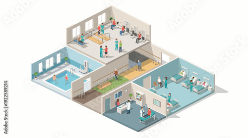 Isometric Medical Rehabilitation Center Interior with Physiotherapy Gym, Hospital Ward, and Patient Recovery Rooms for Healthcare Infographics and Senior Living Services