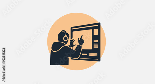 Person working on computer with headphones and pointing gesture.