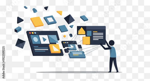 Person holding a large computer screen with various digital elements floating around.