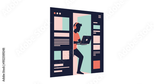 Illustration of a person working on a laptop within a large browser window.