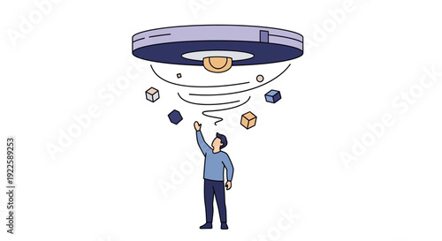 Man interacting with a futuristic smart home device with orbiting icons.