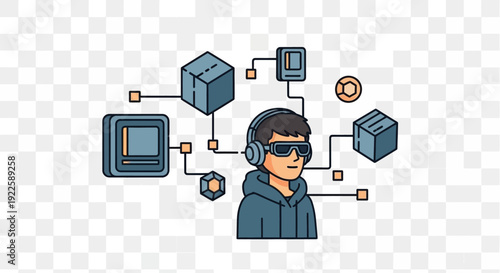 Man wearing headphones surrounded by digital devices and icons.