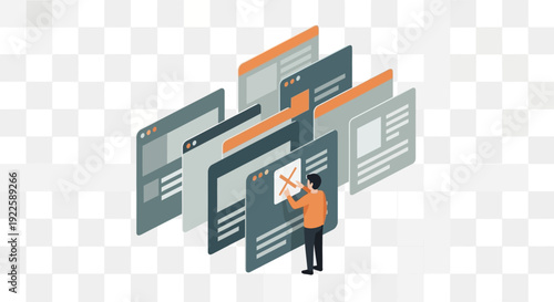 Person reviewing and editing multiple web pages on a transparent background.