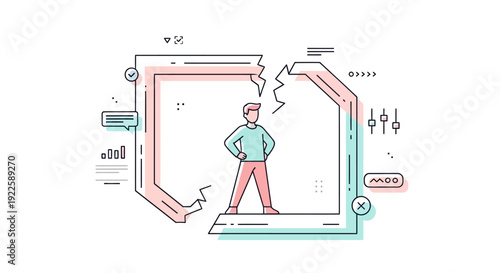 Man standing inside a digital frame with various interface elements.