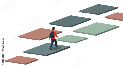 Man walking on stepping stones, path, or platforms in a digital illustration.