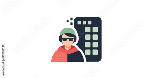 Person wearing sunglasses and beanie next to a large remote control.