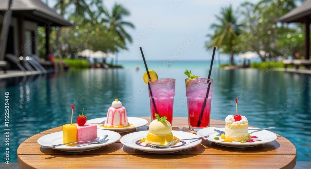 Obraz premium Table setting with treats & drinks overlooking a pool and ocean view